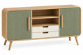 Mueble bajo para televisión con detalles de líneas verticales y estantes, marrón, verde y blanco