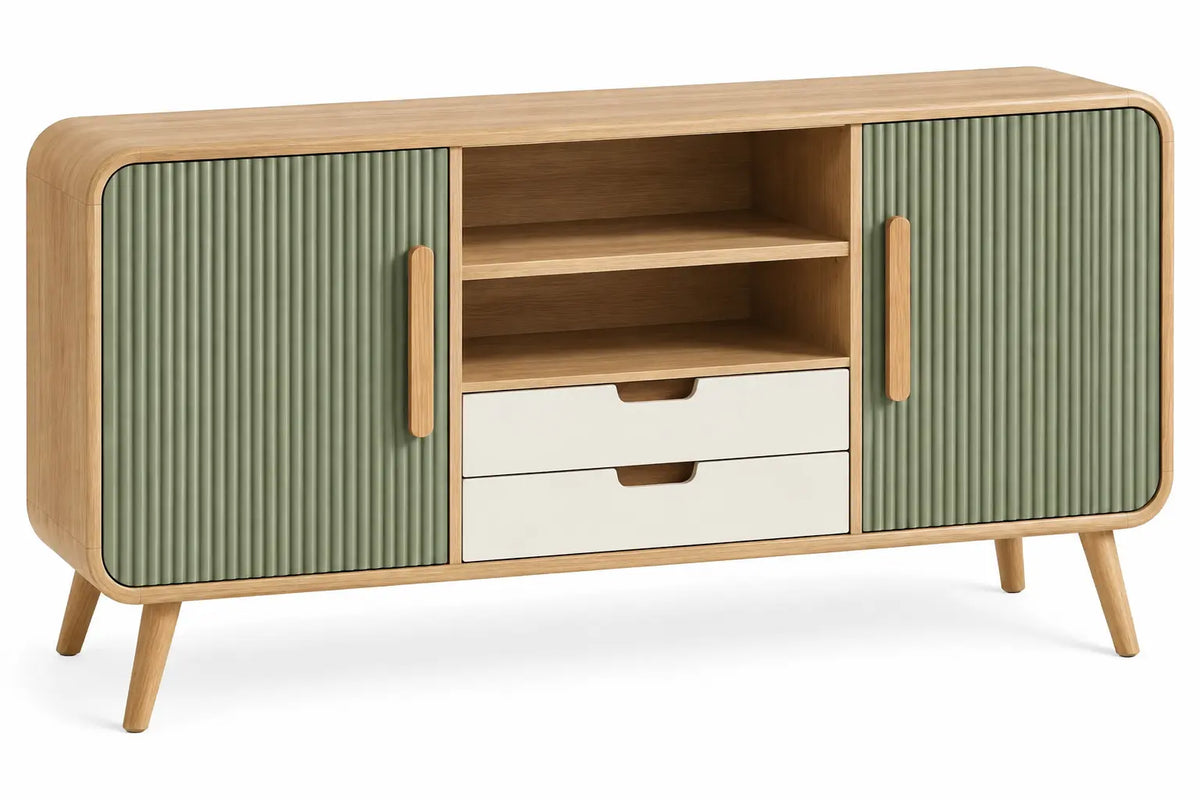 Mueble bajo para televisión con detalles de líneas verticales y estantes, marrón, verde y blanco