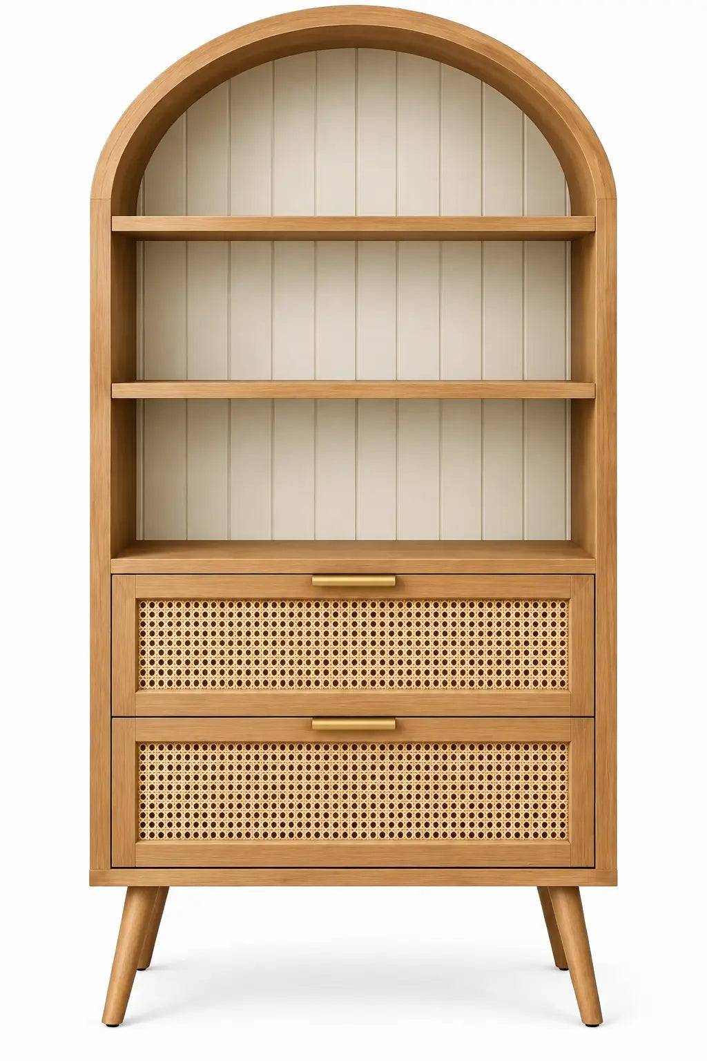 Estantería con almacenamiento con formas arqueadas y detalles de entramado, blanco y marrón