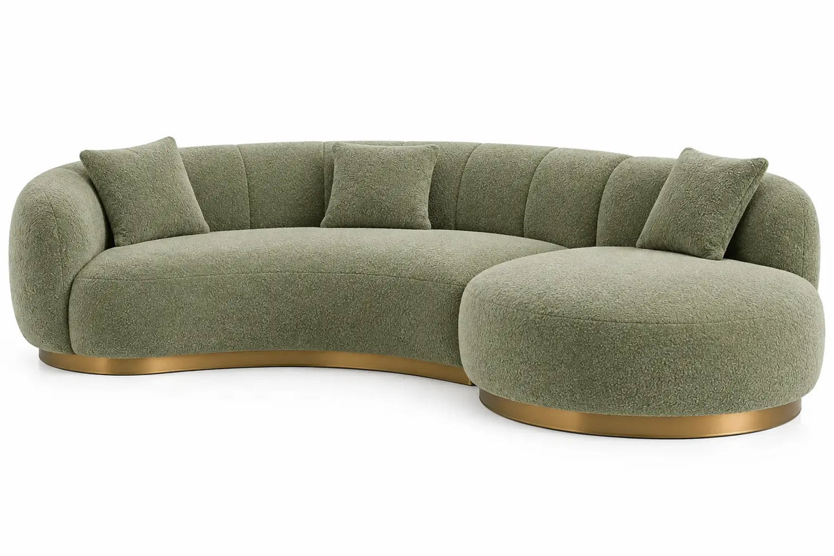 Sofá curvo tapizado de contorno redondeado, verde y marrón