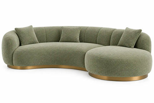Sofá curvo tapizado de contorno redondeado, verde y marrón