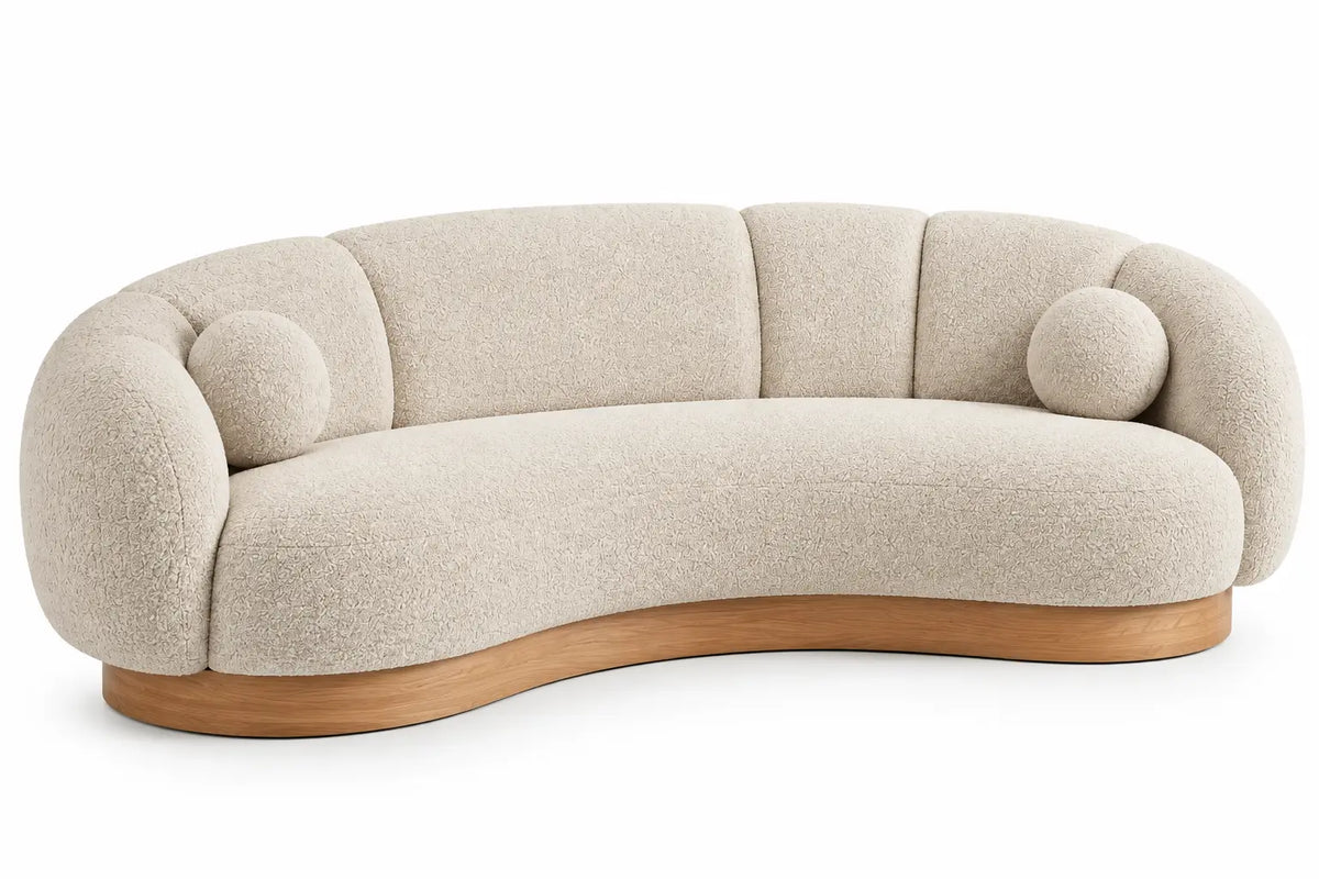 Sofá curvo tapizado de contorno redondeado, beige y marrón
