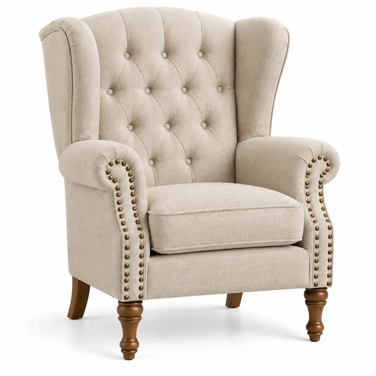 Sillón tapizado con botones decorativos y respaldo alto, beige y marrón