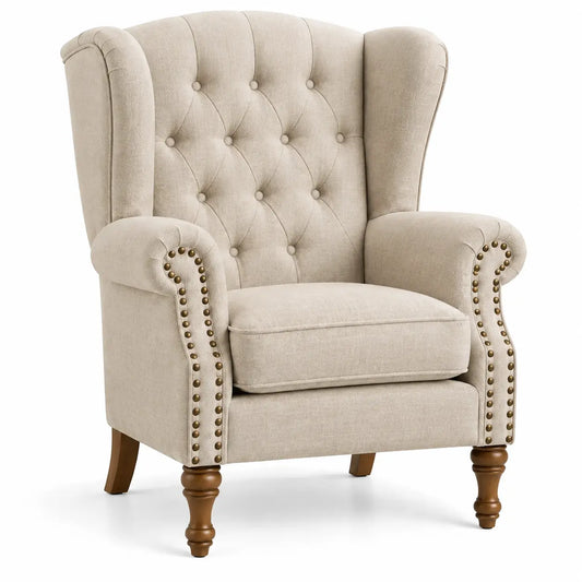 Sillón tapizado con botones decorativos y respaldo alto, beige y marrón