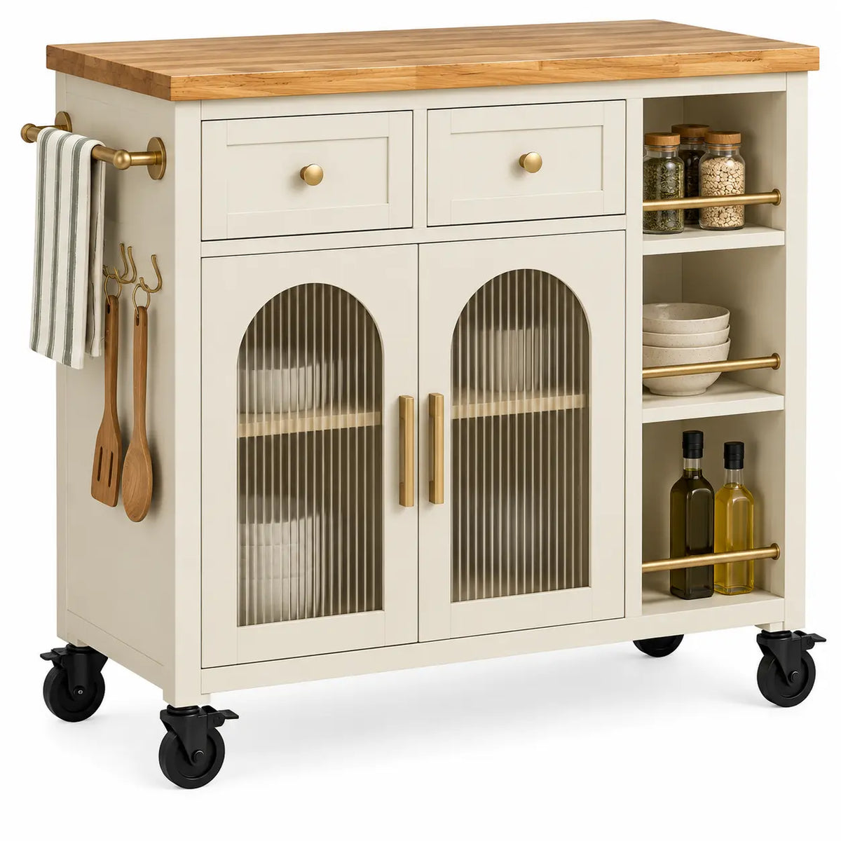 Mueble auxiliar de cocina con ruedas con puertas acristaladas y estantes, blanco y marrón