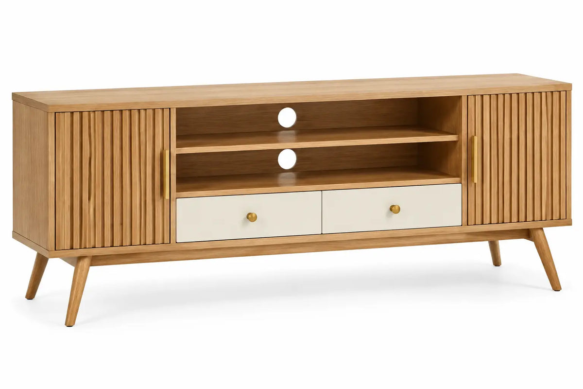 Mueble bajo para televisión con detalles de líneas verticales y estantes, marrón y blanco