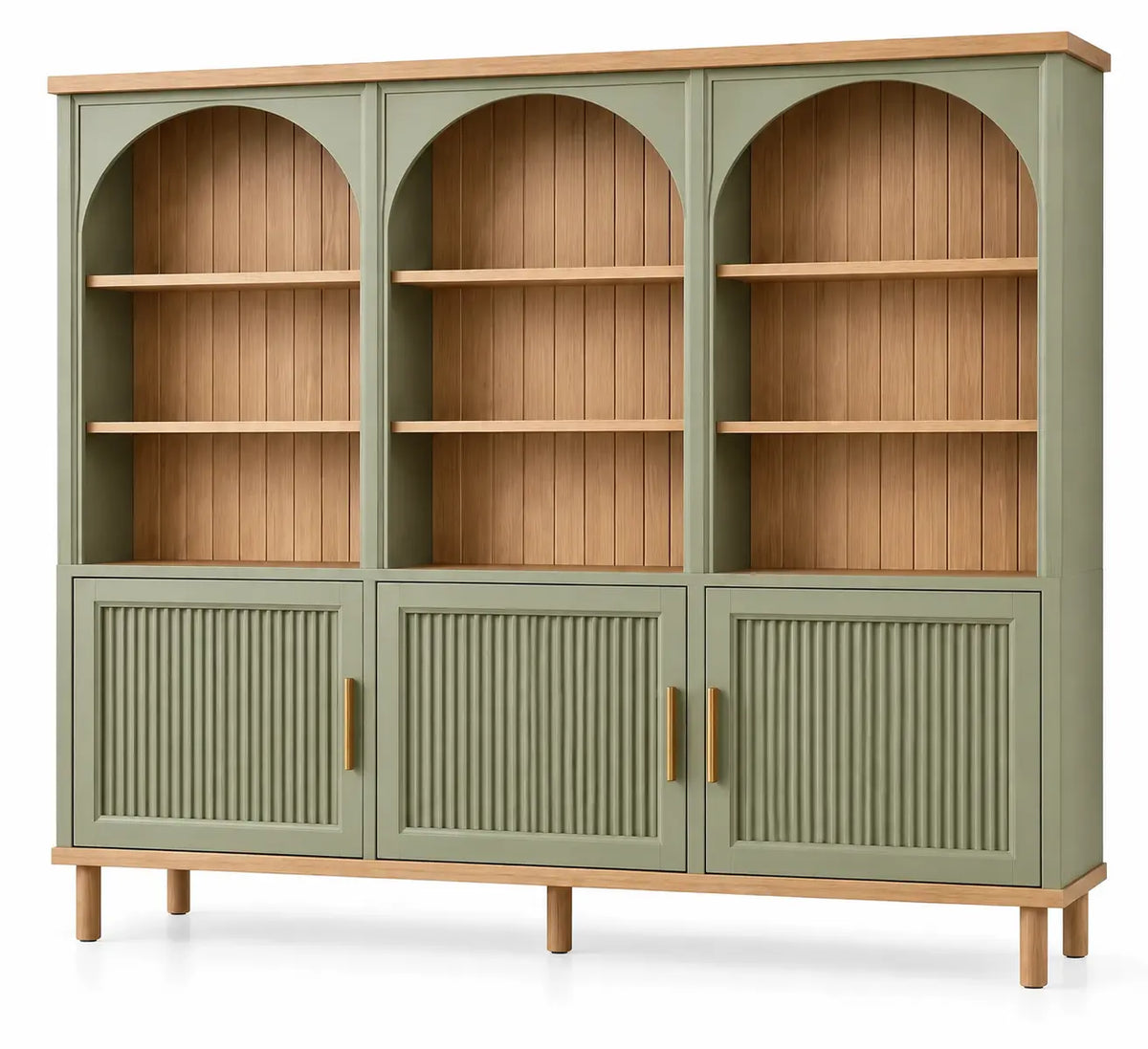 Estantería con almacenamiento con formas arqueadas y detalles de líneas verticales, verde y marrón