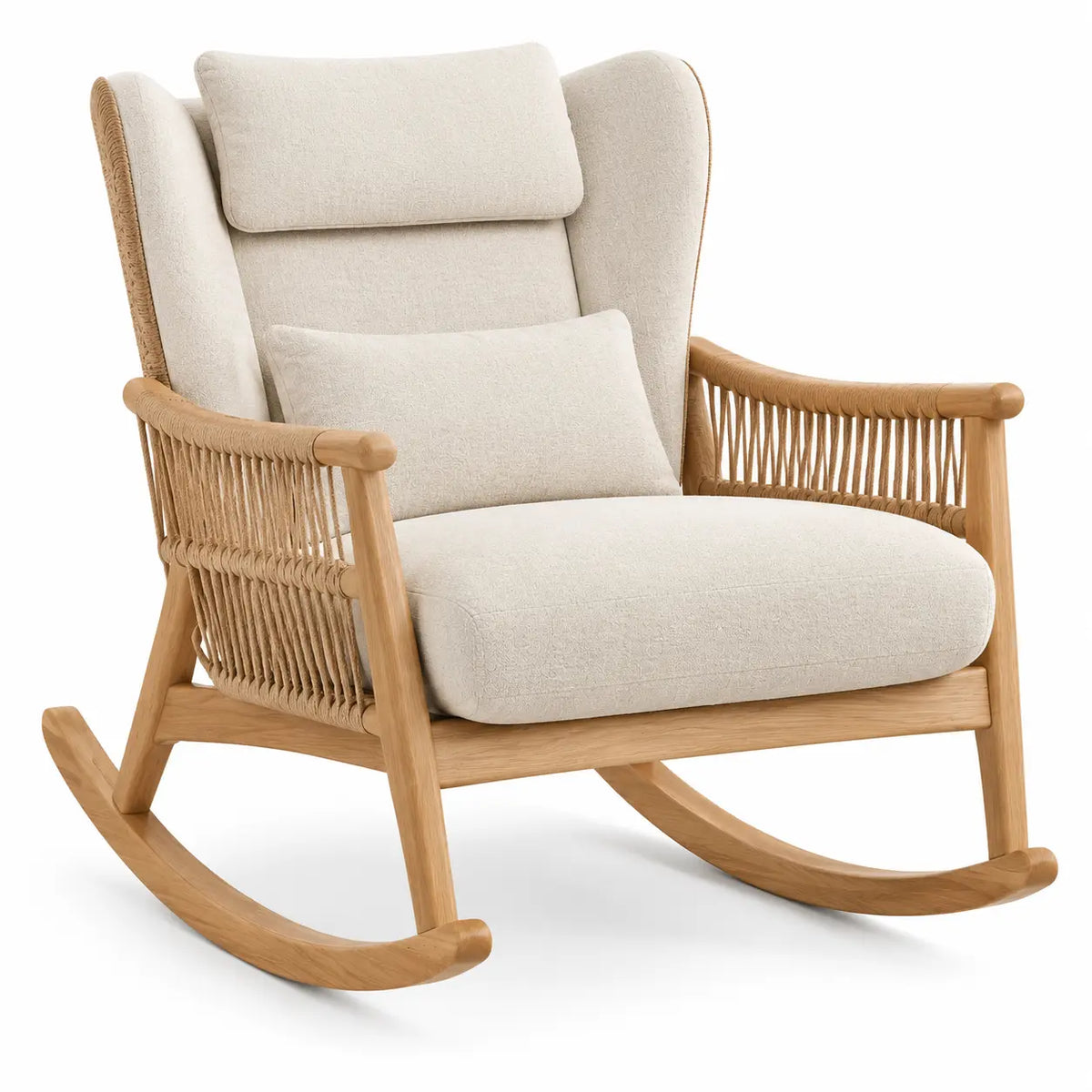 Mecedora tapizada con detalles de entramado, beige y marrón
